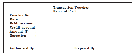 A specimen of a Transaction Voucher, showing fields for Voucher No., Date, Debit Account, Credit Account, Amount, Narration, and signatures for preparation and authorization.